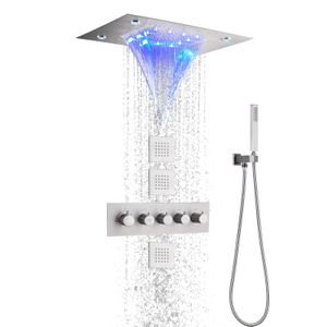 Cabeça de chuveiro de chuva de níquel escovado com spray portátil termostático 14 x 20 polegadas LED cascata e sistema de chuveiro de chuva