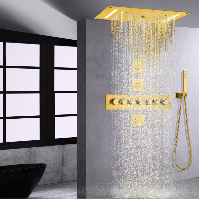 Sistema de chuveiro de chuva termostático de ouro escovado 700X380 MM LED Banheiro Cachoeira Hydro Jet Massage