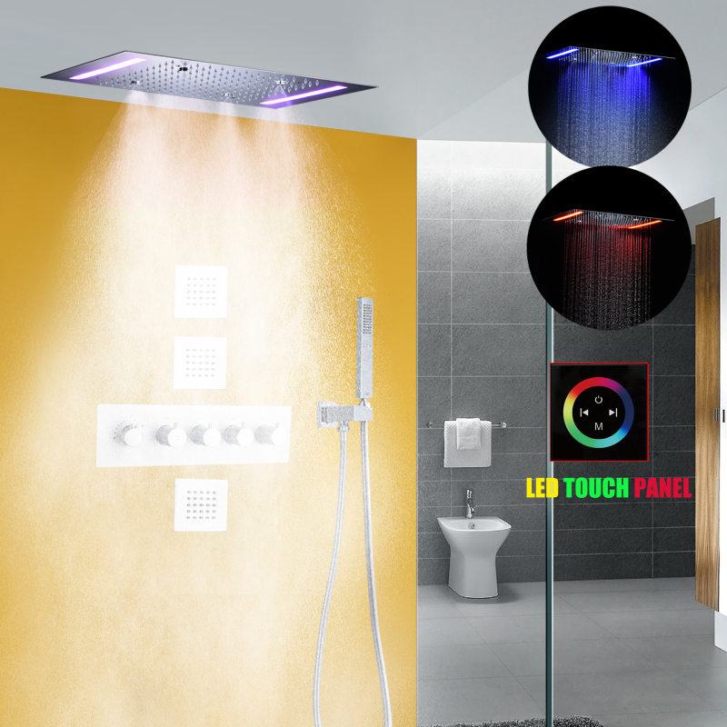 Conjunto de cabeça de chuveiro de chuva termostática cromada 14 x 20 polegadas LED moderno sistema de chuveiro de chuva para banheiro