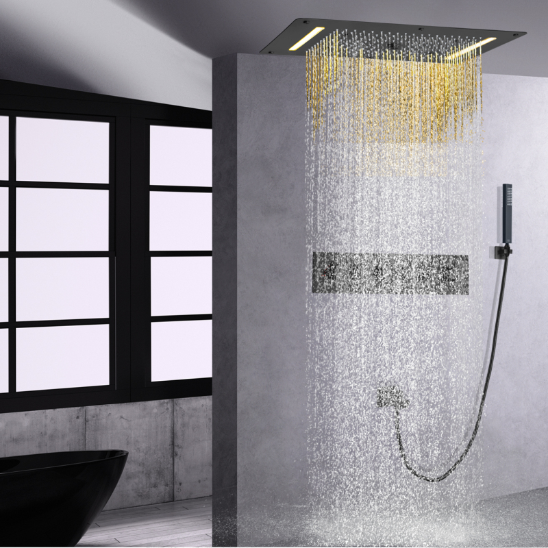 Preto fosco led termostática torneira do chuveiro conjunto painel de teto do banheiro cachoeira spray bolha chuva com portátil