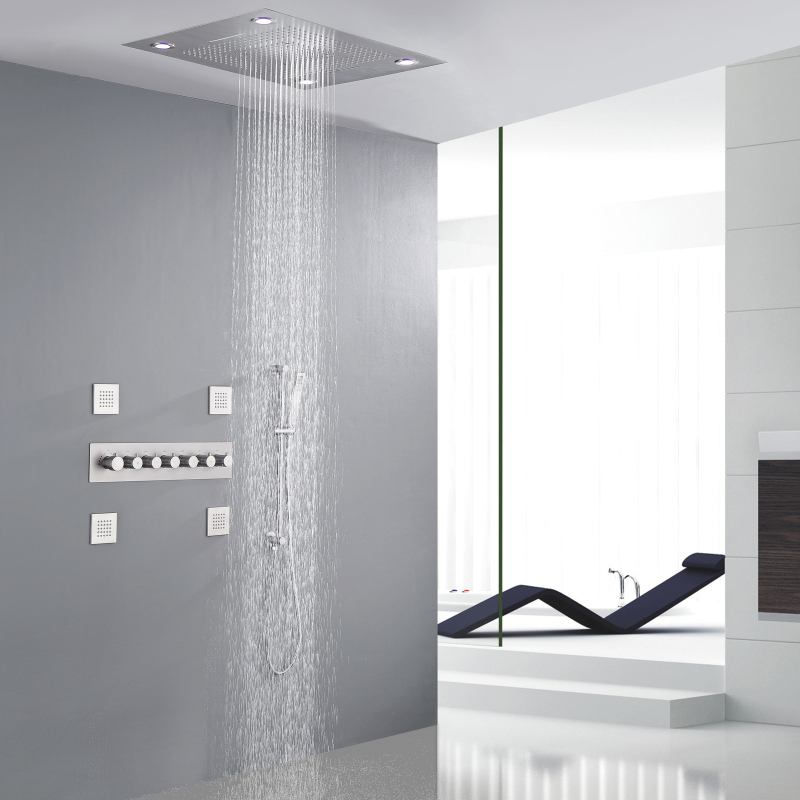 Níquel escovado termostático 24 x 31 polegadas controle remoto LED painel massagem chuveiro conjunto cachoeira chuvas
