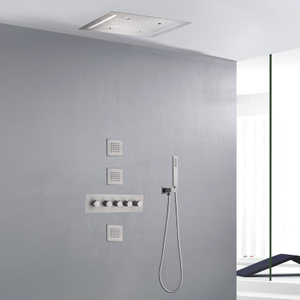 Torneira de chuveiro termostática de níquel escovado 14 x 20 polegadas LED Conjunto de sistema de chuveiro de chuva de luxo para banheiro