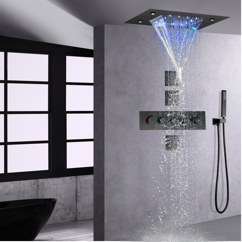Óleo friccionado bronze conjunto de chuveiro chuva 14x20 Polegada luxuoso banheiro termostática led banho chuveiro cachoeira sistema cabeça chuveiro