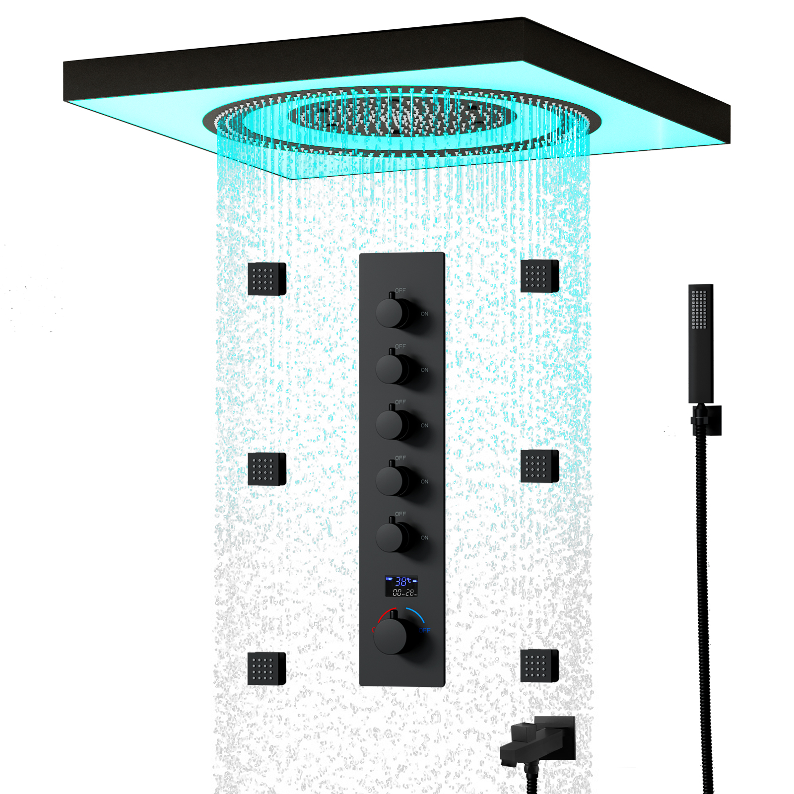 Conjuntos de chuveiros termostáticos com válvula de chuveiro híbrida multifuncional LED