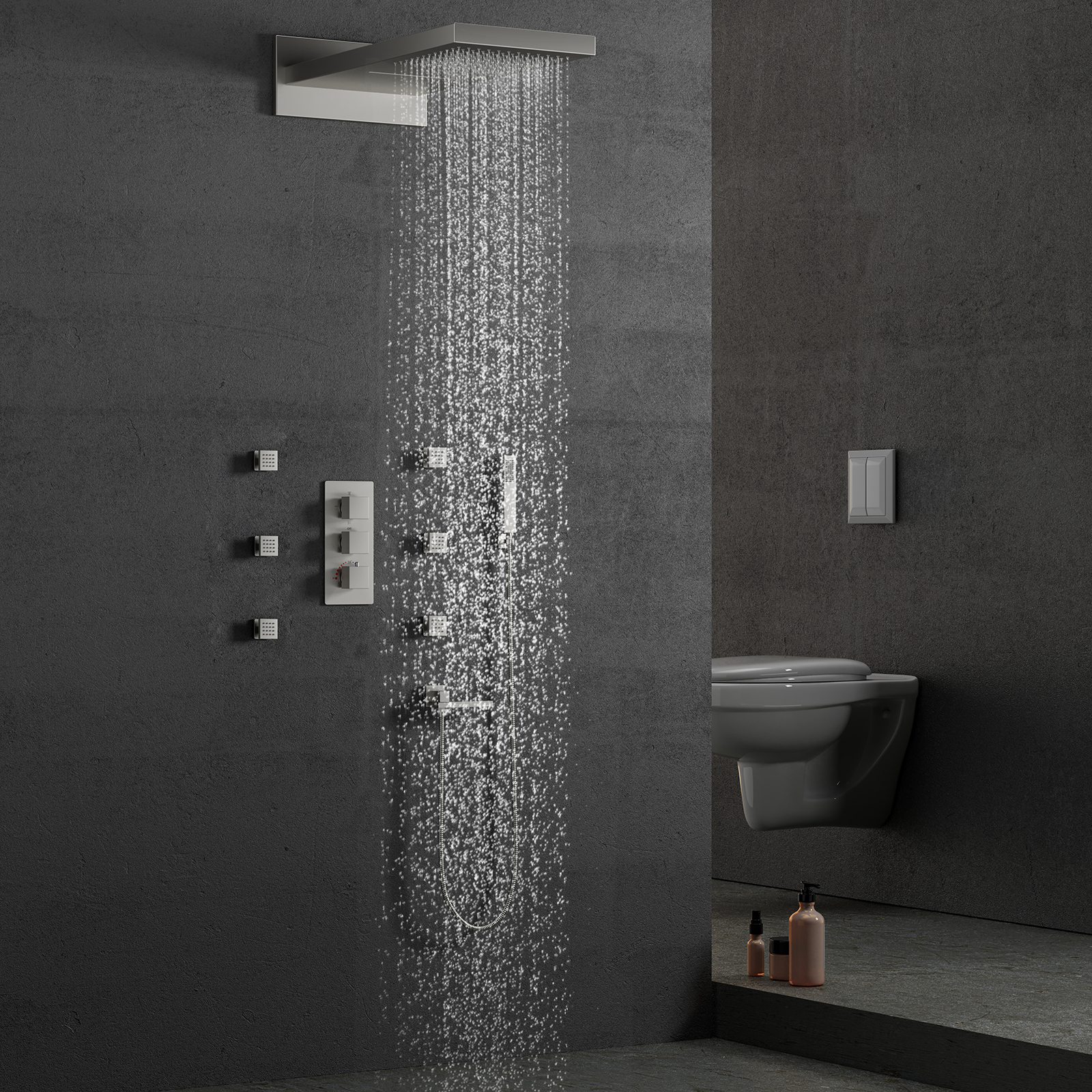 Luxo escovado latão termostática válvula de chuveiro cachoeira floresta tropical massagem spa torneira do chuveiro conjunto