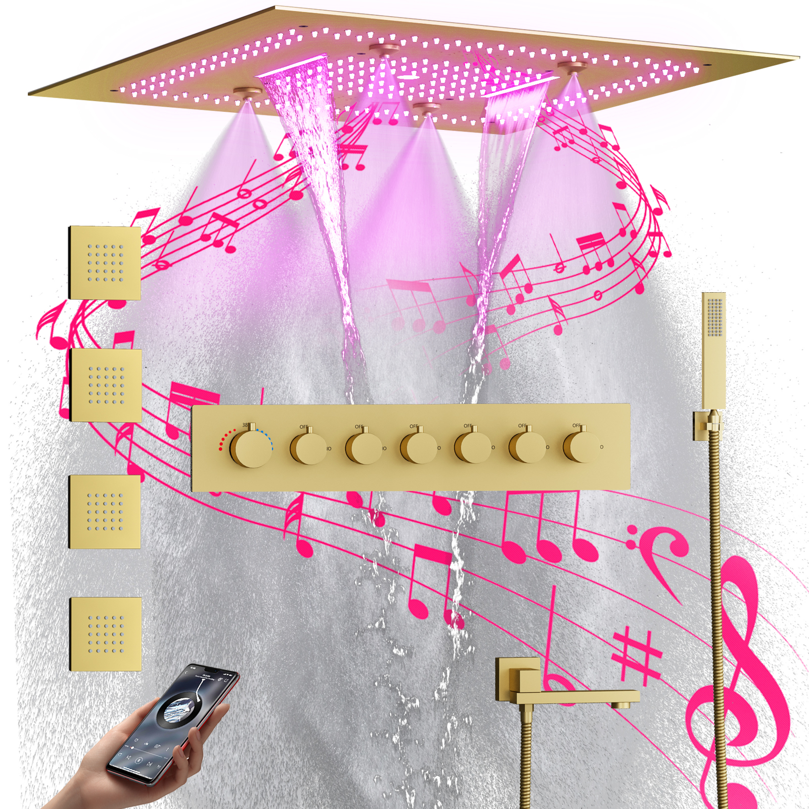 Luxo conjunto de chuveiro do banheiro sistema escovado ouro chuva misturador conjunto cobre 6 função led cabeça chuveiro conjunto