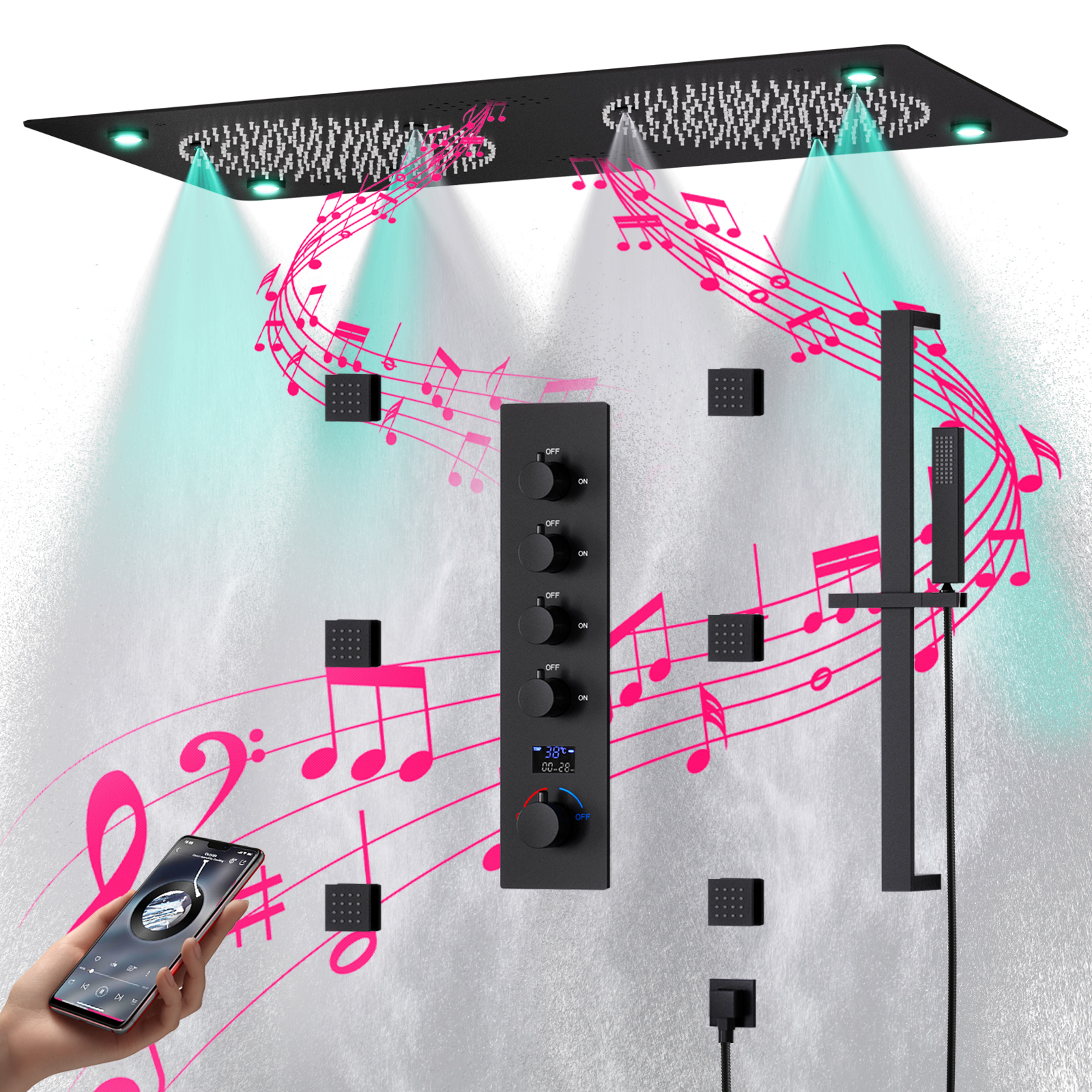 Banheiro embutido montado latão led sistema de torneira do chuveiro 4 conjunto cabeça chuveiro teto chuva com música