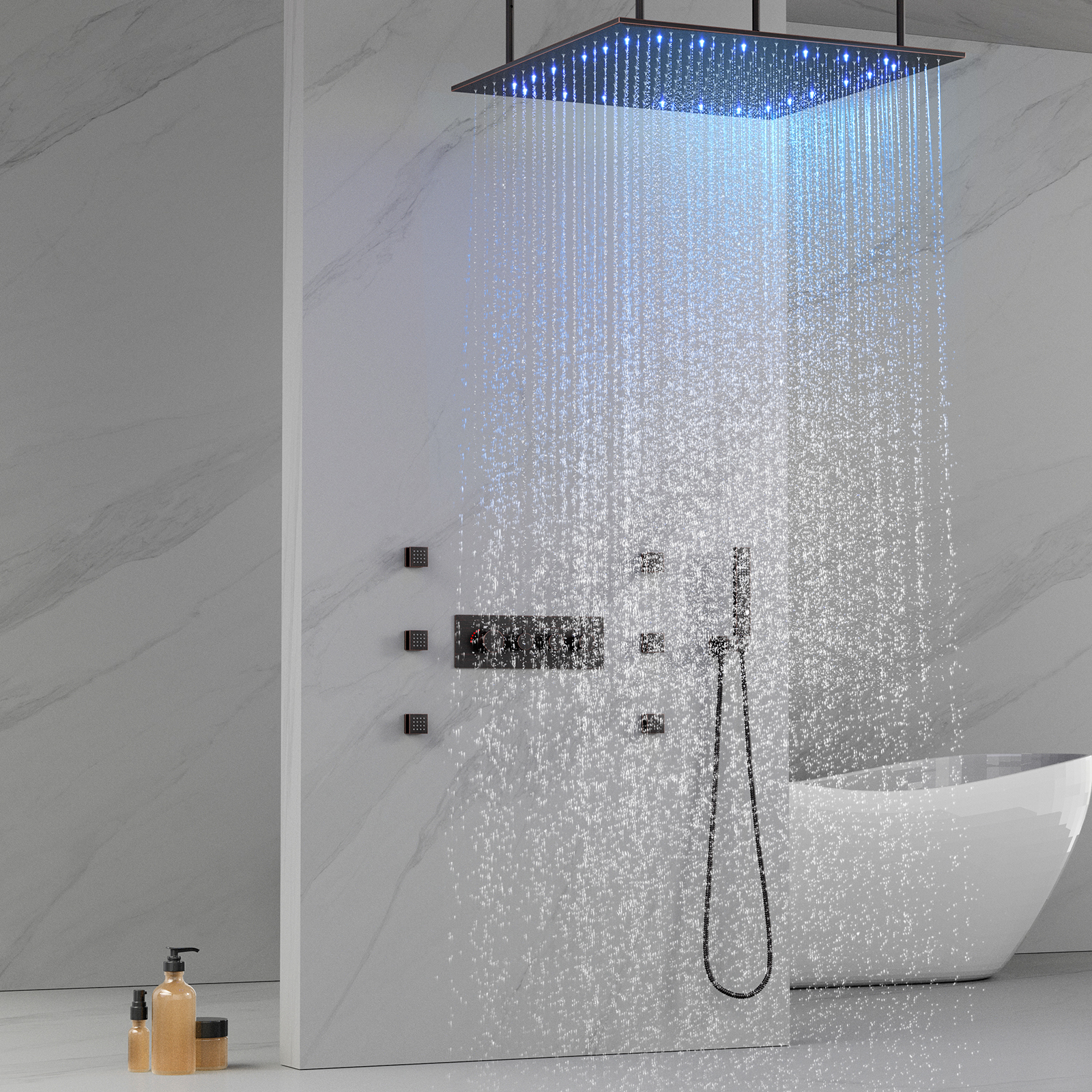 Óleo esfregar bronze multifuncional música montagem no teto cabeça de chuveiro válvula led chuveiro chuva tanque torneira do chuveiro