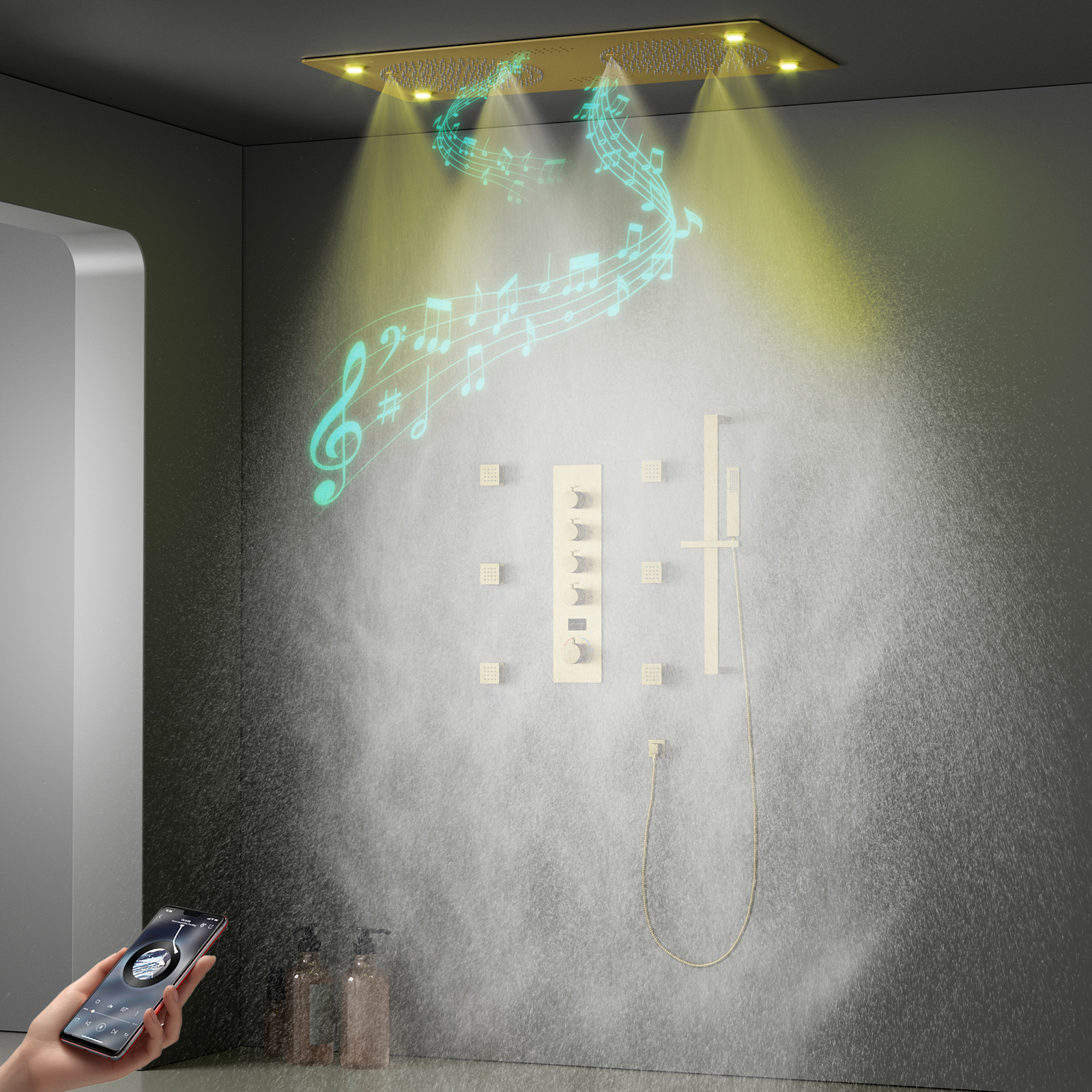 Chuveiro de chuva com spray de teto, chuveiro com música led, conjunto dourado, spray de chuva, massagem, termostato, sistema de chuveiro