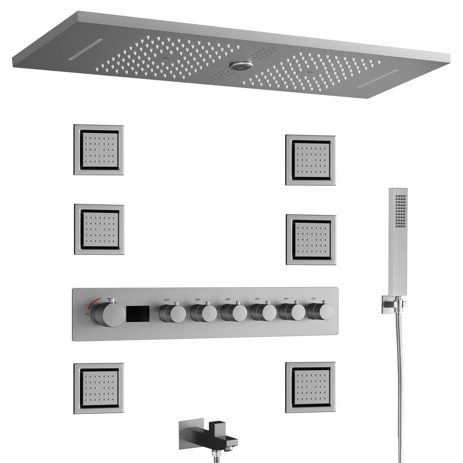 Cabeça de chuveiro LED montada no teto com alto-falante musical embutido, sistema de válvula de chuveiro com display digital, conjunto de torneira de chuveiro de banheiro