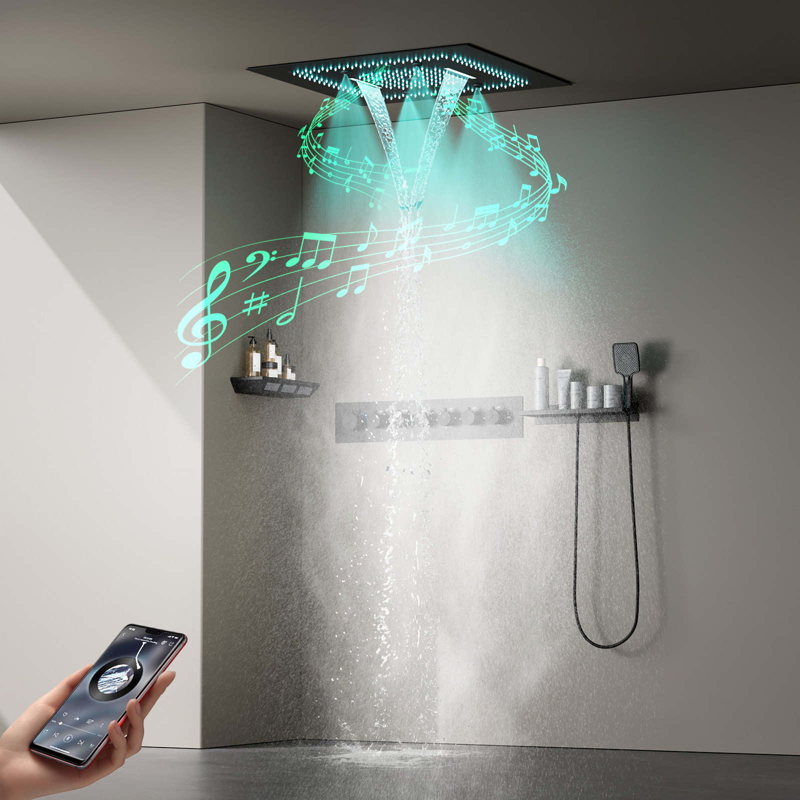 600*600mm Teto do banheiro LED Conjunto de cabeça de chuveiro de temperatura constante com cascata de chuva Kit multifuncional de torneira de chuveiro