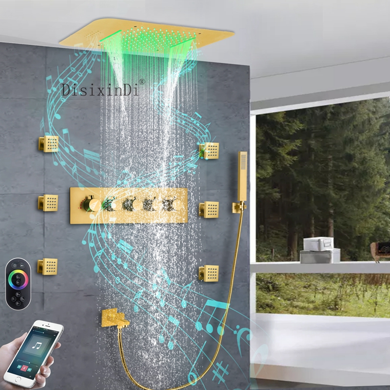 Cabeça de chuveiro embutida de teto 23 * 15 polegadas música LED chuva cascata banheiro sistema de torneira de chuveiro termostática