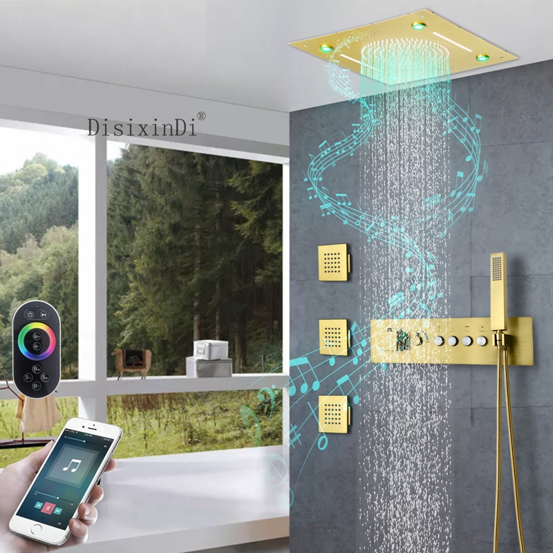 Luxo ouro 16 Polegada led cabeça de chuveiro com alto-falante música chuva cachoeira chuveiro do banheiro termostática torneira do chuveiro conjunto