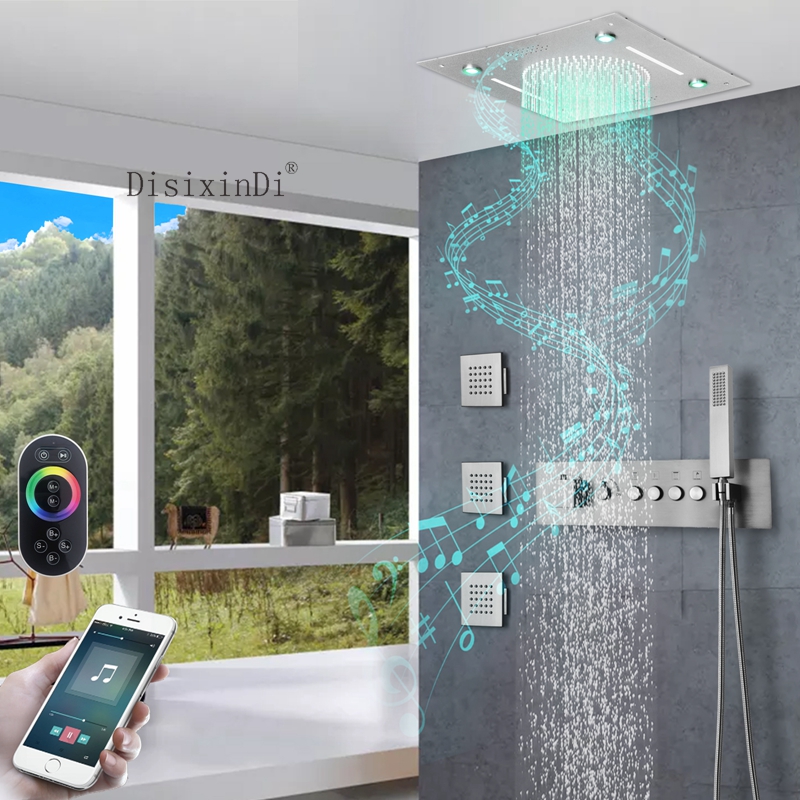 304 aço inoxidável 400*400mm led música cabeça de chuveiro embutido botão termostático corpo principal conjunto torneira do chuveiro do banheiro