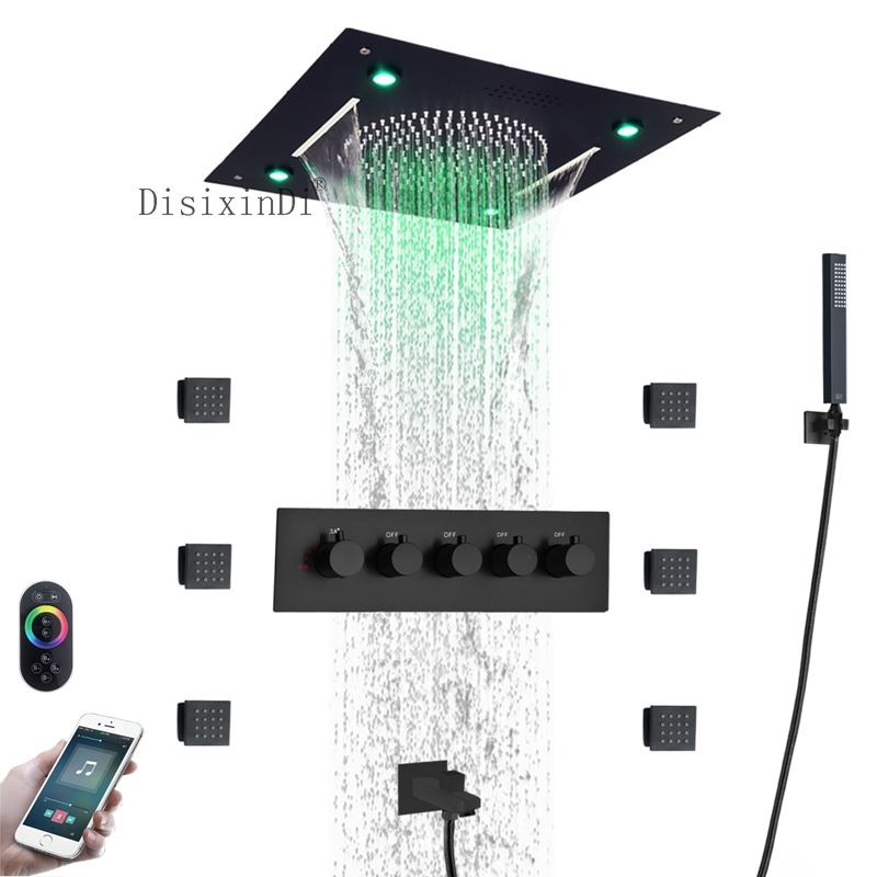 Conjunto de chuveiro embutido no teto, 400*400mm, led, cabeça de chuveiro com alto-falante musical, 5*5cm, jato corporal, sistema de chuveiro termostático do banheiro