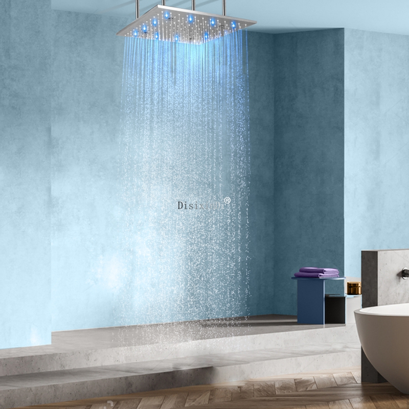 Sistema de cabeça de chuveiro escovado de 16 polegadas, aço inoxidável 304, banheiro, instalação de teto LED, misturador de chuveiro com névoa de chuva