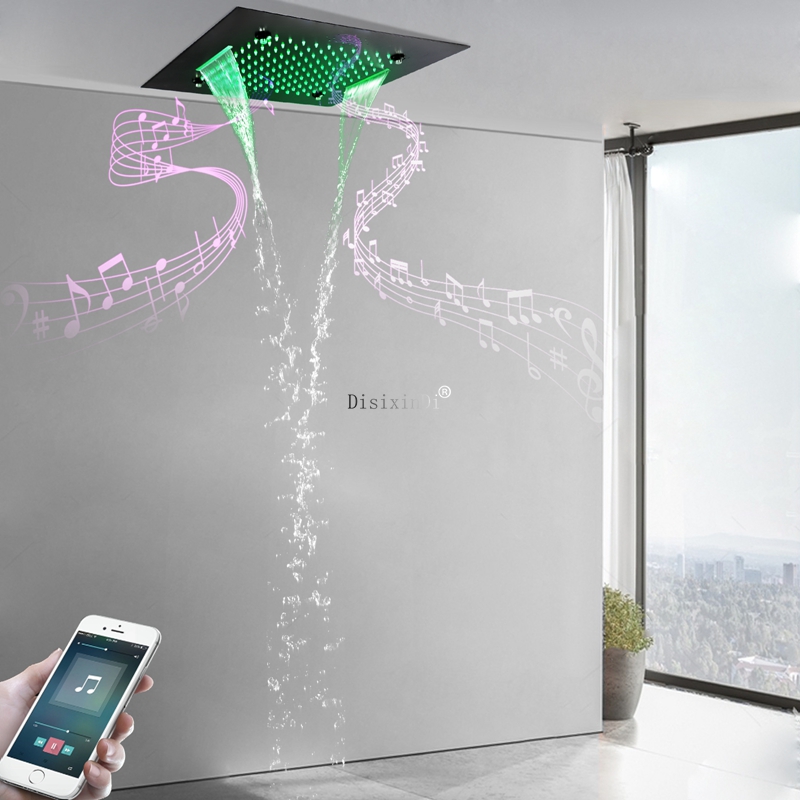 Preto fosco 3 funções 500 * 500mm LED Cabeça de chuveiro para banheiro com alto falante musical Sistema de chuveiro em cascata