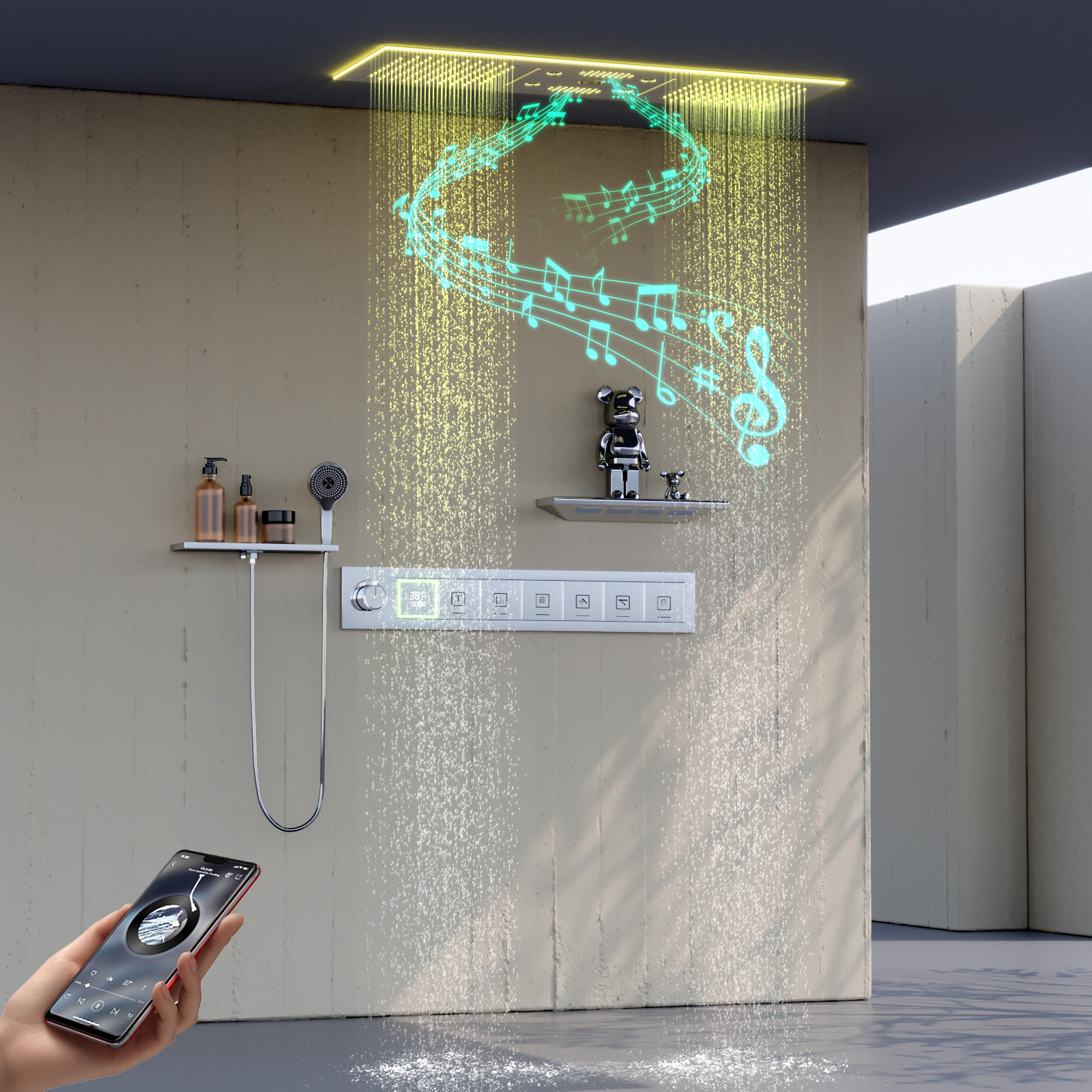 Banheiro luxuoso, 6 funções, sistema de chuveiro LED, 90x30cm, coluna de água atomizada, placa de chuveiro de chuva com cabeça de spray quadrada