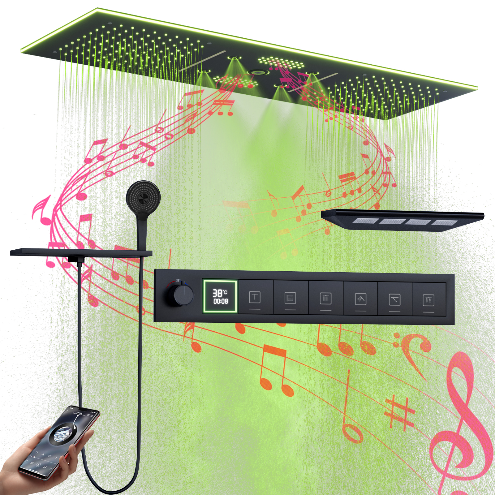 Preto recesso 36*12 Polegada música led cabeça de chuveiro do banheiro temperatura constante chuva cachoeira chuveiro massagem spa