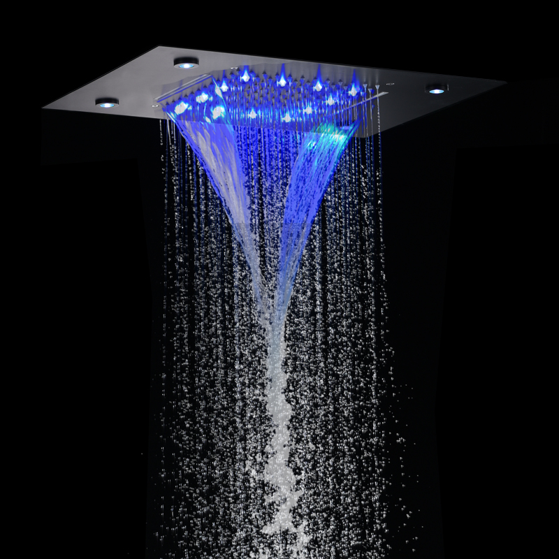 Cabeça de chuveiro preto fosco 50X36 CM LED 7 colorido banheiro embutido teto cascata bifuncional chuva