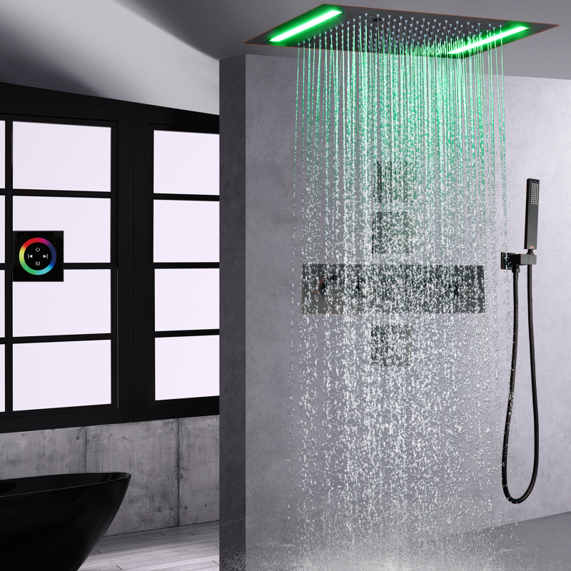Conjunto de torneira de chuveiro termostática de bronze polido a óleo com LED moderno painel de banho e chuveiro 14 x 20 cabeças de chuveiro de chuva