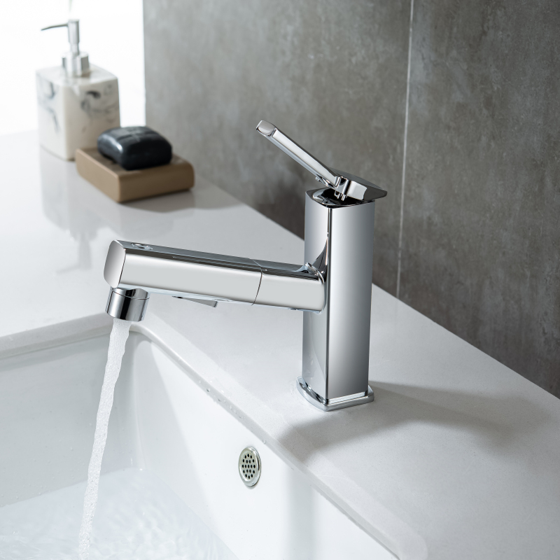 Moderno cromo polido de alta qualidade torneira da bacia do banheiro quente e fria pia pull out torneira