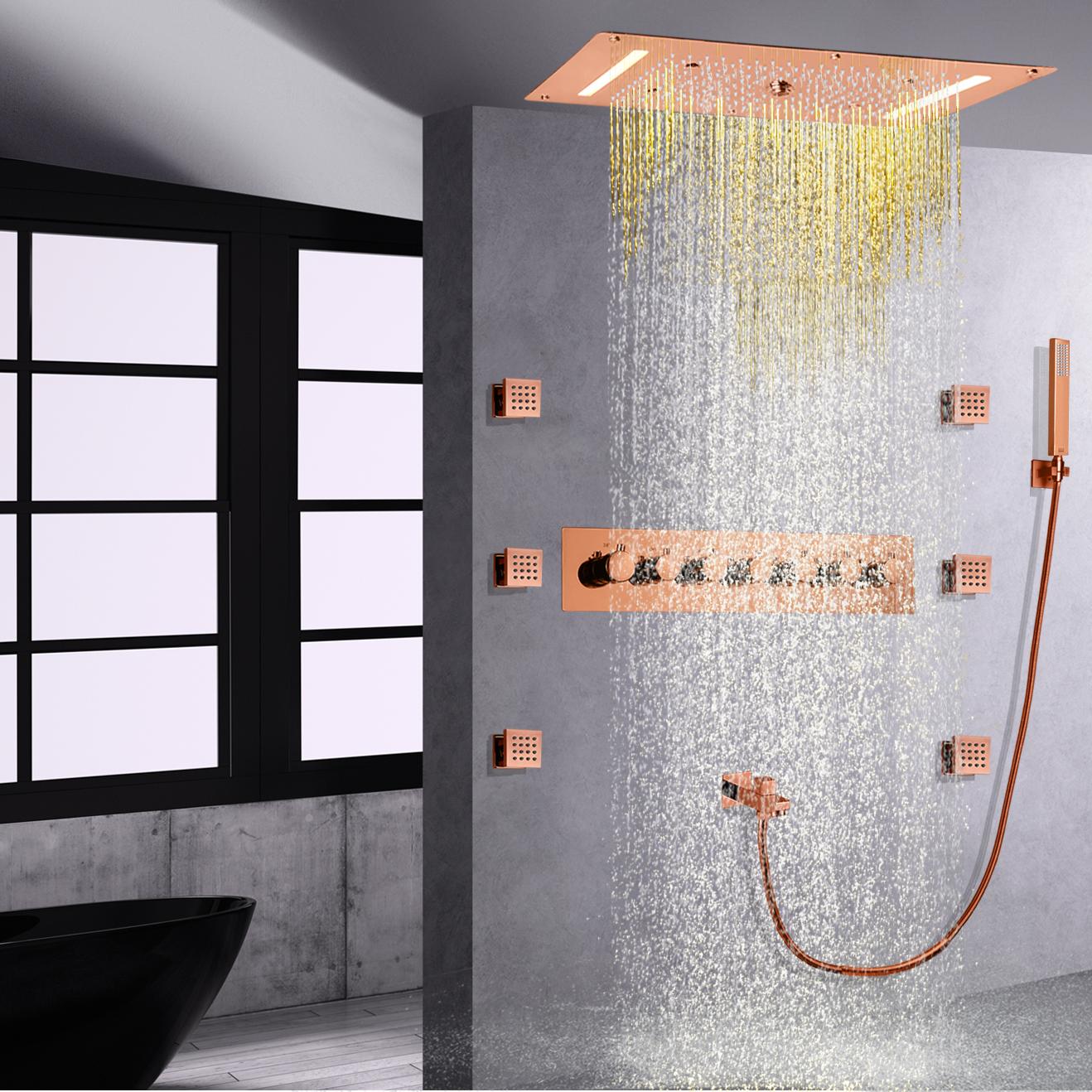 Conjunto de combinação de bico para banheira com cascata de chuva e teto embutido em ouro rosa