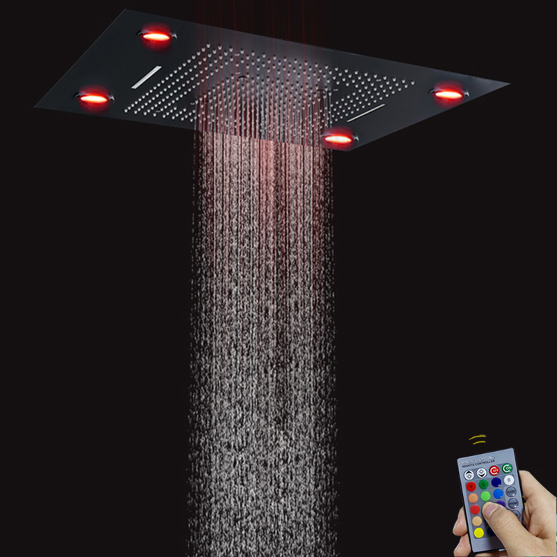 Preto fosco 80x60 cm misturador do chuveiro do banheiro com painel remoto de controle led chuvas chuveiro cachoeira atomização chuvas