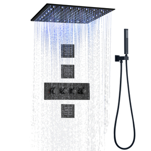Conjunto de torneiras de chuveiro termostáticas pretas foscas com LED de 20 polegadas para teto de banheiro e chuveiro com bico portátil