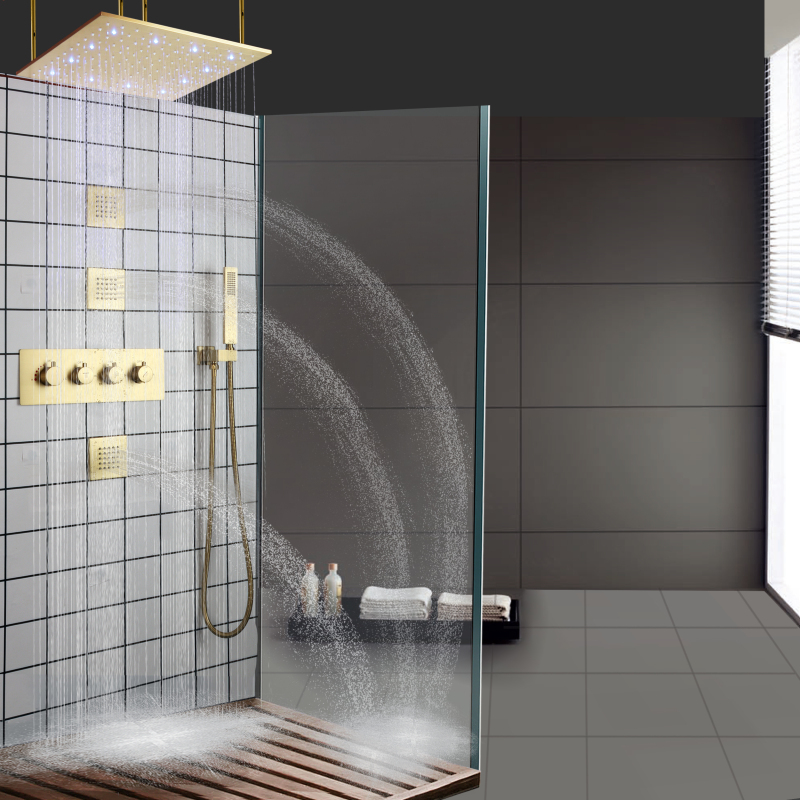 Misturador de chuveiro de chuva de ouro escovado 20 polegadas LED Conjunto de combinação de chuveiros termostáticos para banheiro com bico portátil