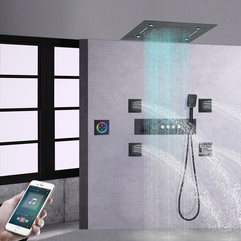 Preto fosco led torneira do chuveiro de aço inoxidável termostática display digital banheiro com função música cabeça chuveiro