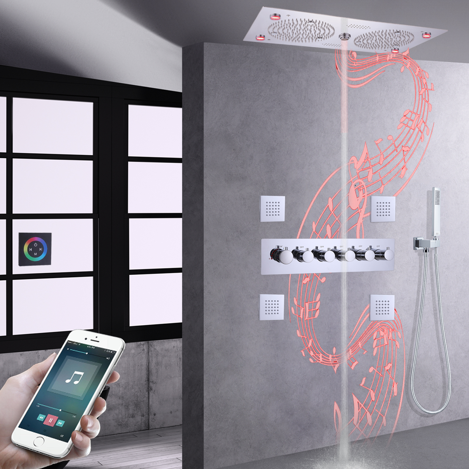 620 * 320 mm cromado polido termostático LED Banheiro conjunto de torneira de chuveiro de chuva musical para banho