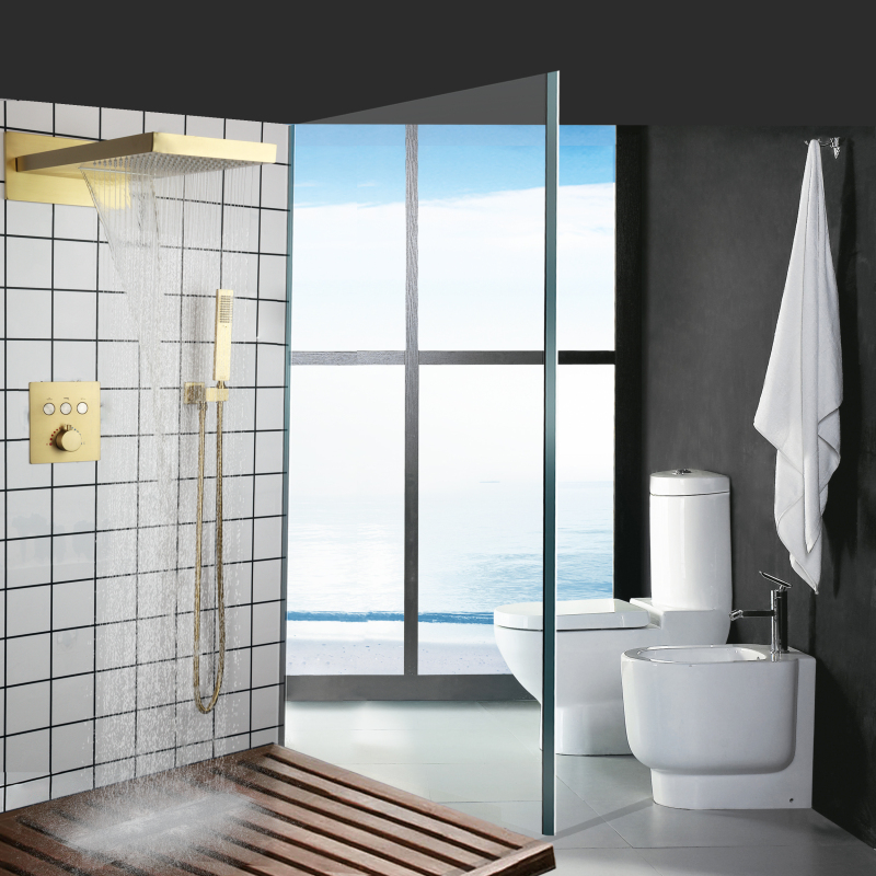 Conjunto de chuveiro termostático em ouro escovado, conjunto de chuveiro com botão de pressão, chuveiro de mão para banheiro