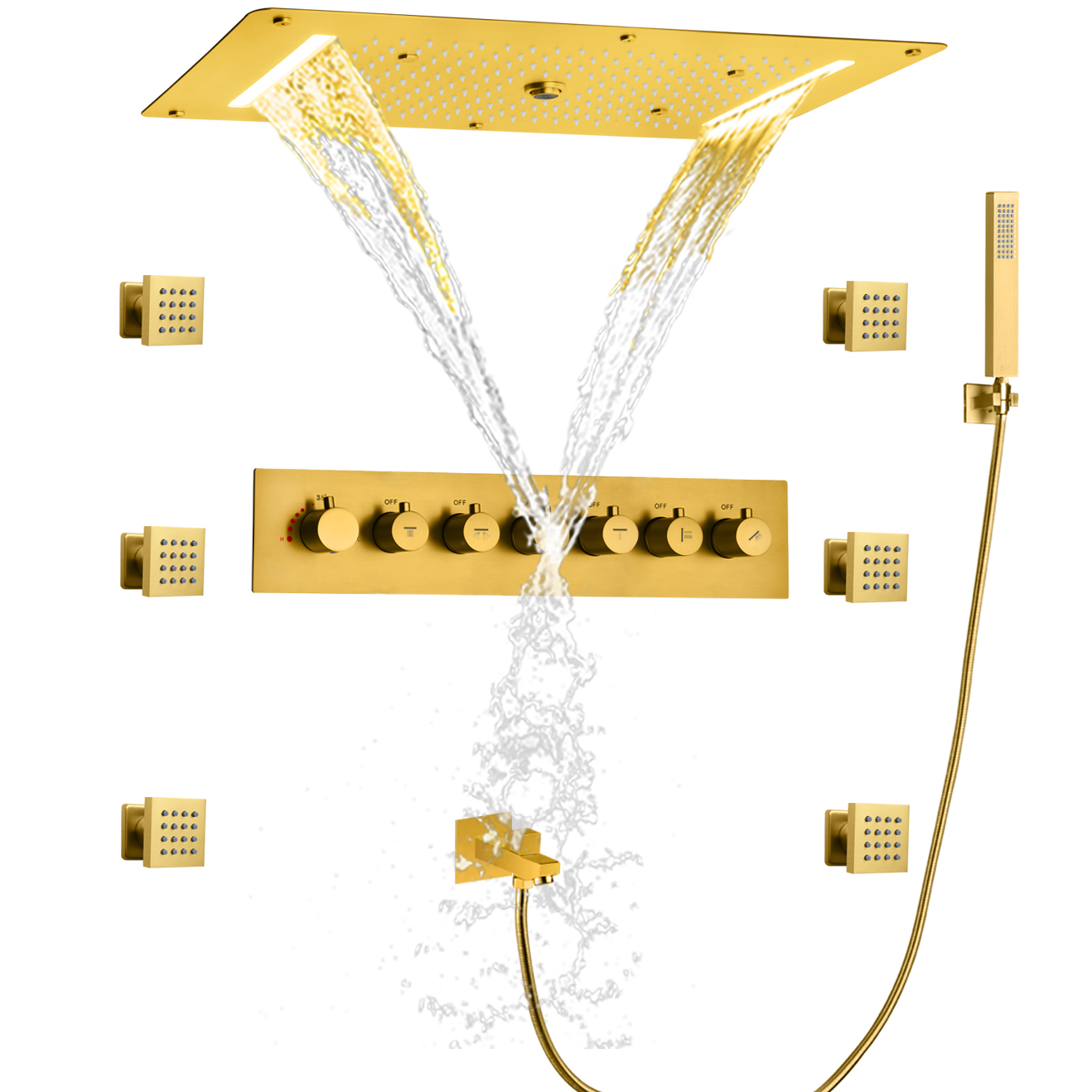 Ouro escovado LED misturador de chuveiro oculto chuva cachoeira chuveiro banheira bico conjunto combinado portátil