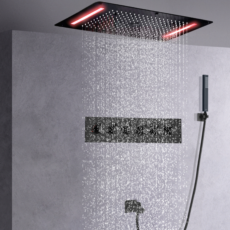 Banheiro de luxo multi-função led oversized 380*700mm cabeça de chuveiro preto fosco termostático embutido teto torneira do chuveiro conjunto