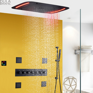Sistema de chuveiro termostático preto fosco com painel de LED controlado chuveiro cascata chuvas