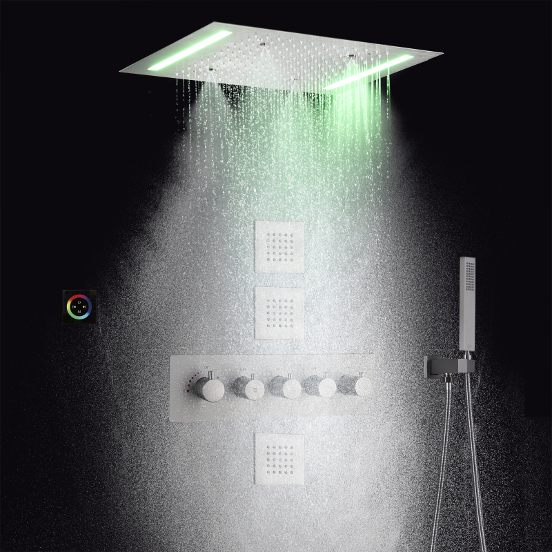 Conjunto de sistema de chuveiro escovado 14 x 20 polegadas LED controle termostático banheiro chuveiro de névoa