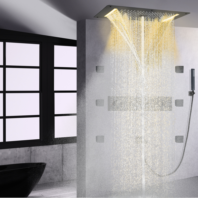 Sistema de chuveiro preto fosco 70X38 CM LED Conjunto de chuveiro multifuncional termostático para banheiro com portátil