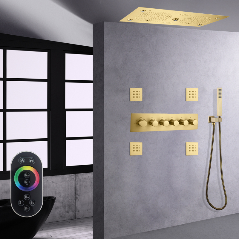 Conjunto de chuveiro termostático de ouro escovado, 620*320mm, led com recursos musicais, banheiro, teto embutido, chuveiro de banho