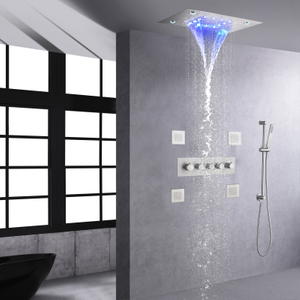 Torneira termostática para banho e chuveiro, conjunto de banho de níquel escovado com cascata e chuva, 14x20 cabeças de chuveiro led
