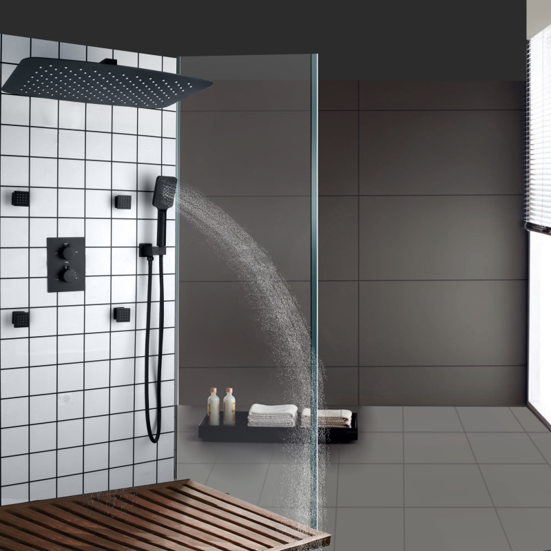 Conjunto misturador de chuveiro preto fosco 55x35 cm banheiro chuveiro termostático com furos de exaustão