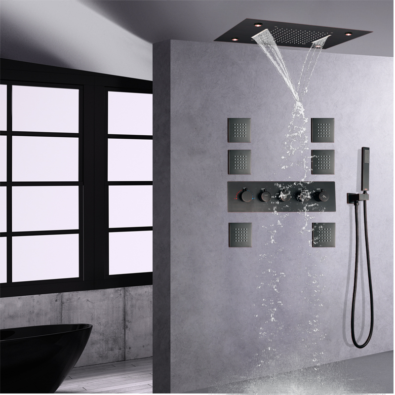 Óleo friccionado bronze sistema de chuveiro termostático chuva 14x20 Polegada led banheiro chuveiro misturador conjunto cachoeira chuvas cabeça chuveiro