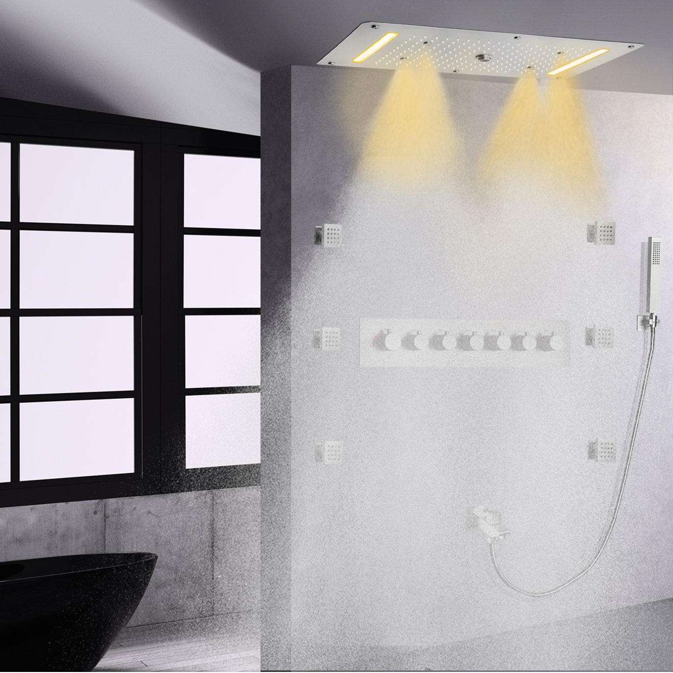 Sistema de chuveiro termostático de níquel escovado, alto fluxo, led, banheiro, névoa, chuva, cachoeira, bolha, com corpo, chuveiro a jato
