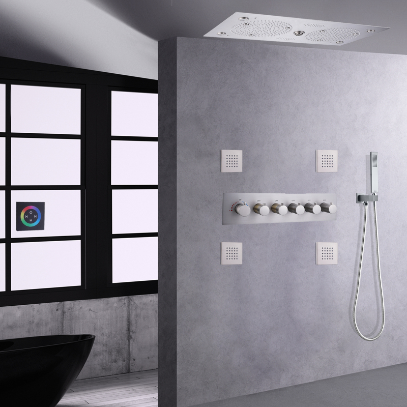 Conjunto de sistema de chuveiro termostático de níquel escovado, 620*320mm, led, banheiro com música, massagem multifuncional, chuveiro de banho completo