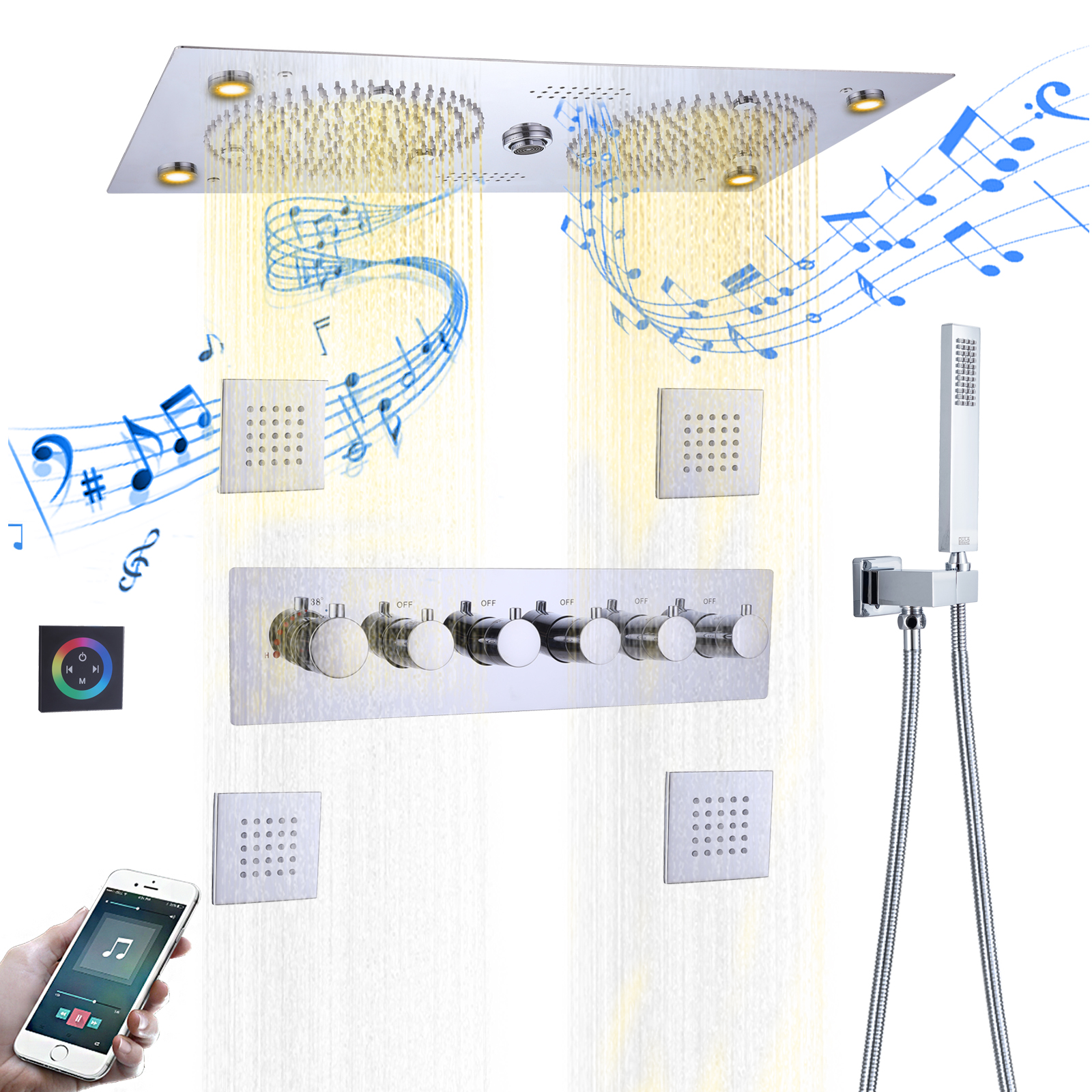 Cromo polido termostático led banheiro música chuveiro coluna chuva névoa torneira do chuveiro handheld douche conjunto