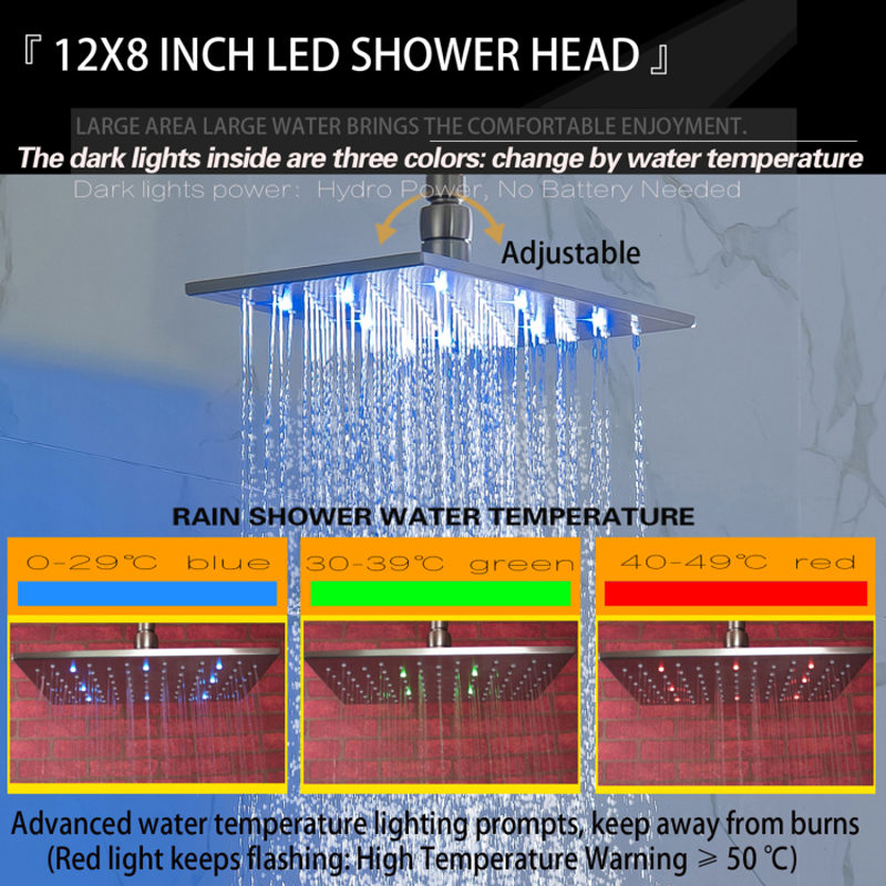 Cabeça de chuveiro de níquel escovado 28X18CM LED 3 cores com mudança de temperatura para banheiro chuveiro de chuva com montagem na parede