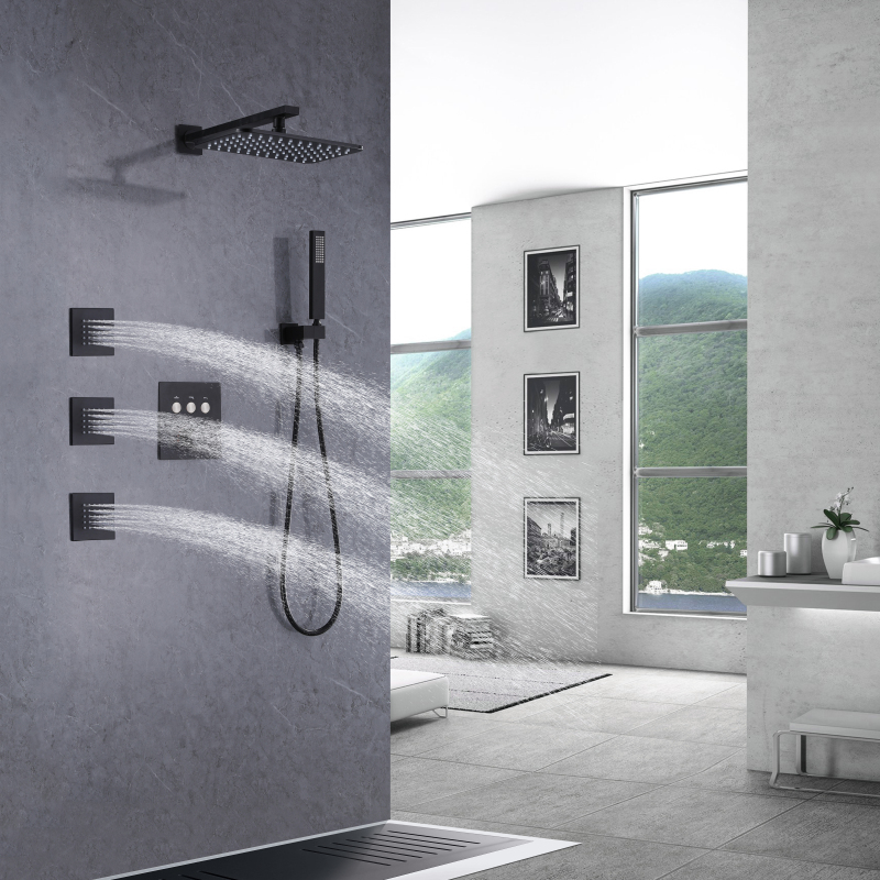 Torneiras de chuveiro termostáticas pretas foscas Banheiro Rainfall Douche Massage Shower Set