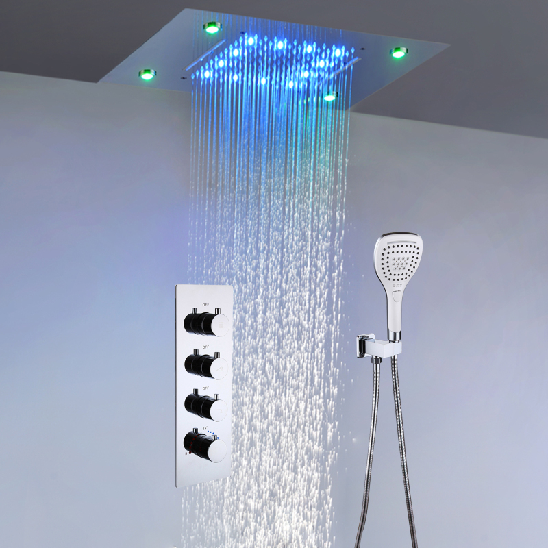 Conjunto de chuveiro cromado polido, teto 50*36cm, chuva e cachoeira, led, latão, termostático, ti-pvd, banheiro