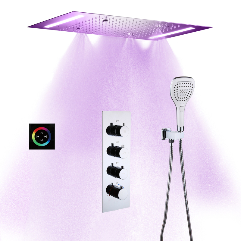 SUS304 50 * 36 cm LED Cabeça de chuveiro Banheiro Chuveiro termostático atomizador cromado polido conjunto de torneira de chuveiro