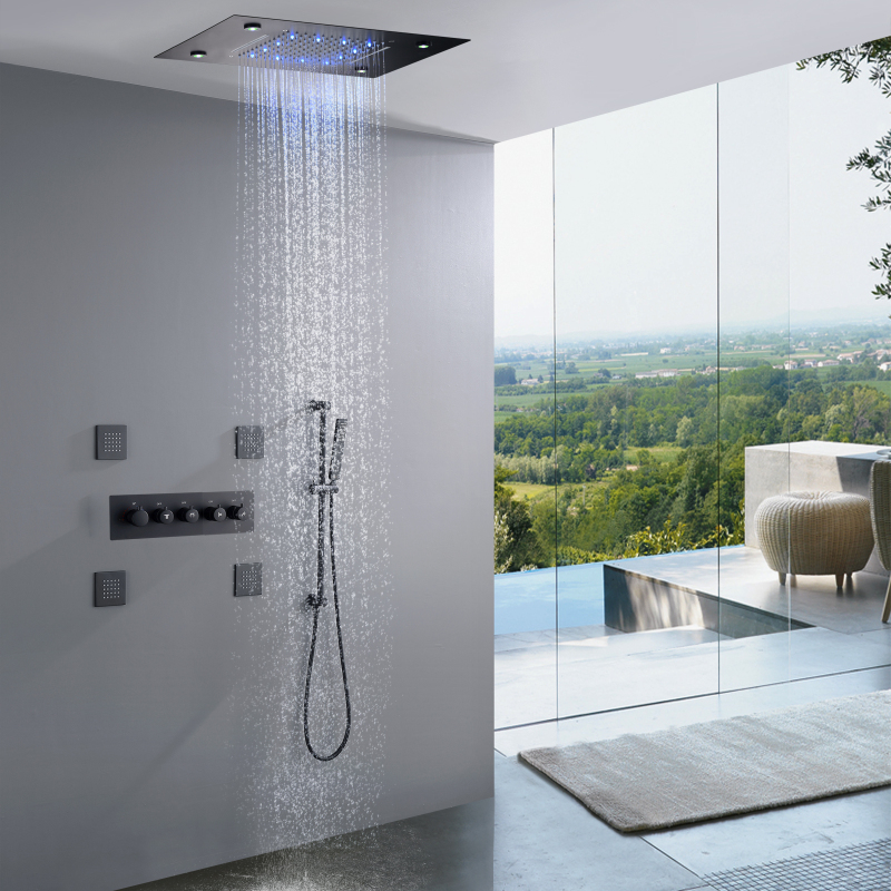 Torneiras de banho e chuveiro preto fosco LED Conjunto de chuveiro termostático 14 x 20 polegadas Cachoeira e sistema de chuveiro de chuva